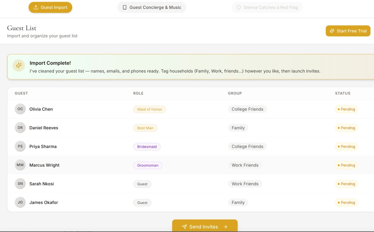 WeddingOS guest list with household roles and RSVP status