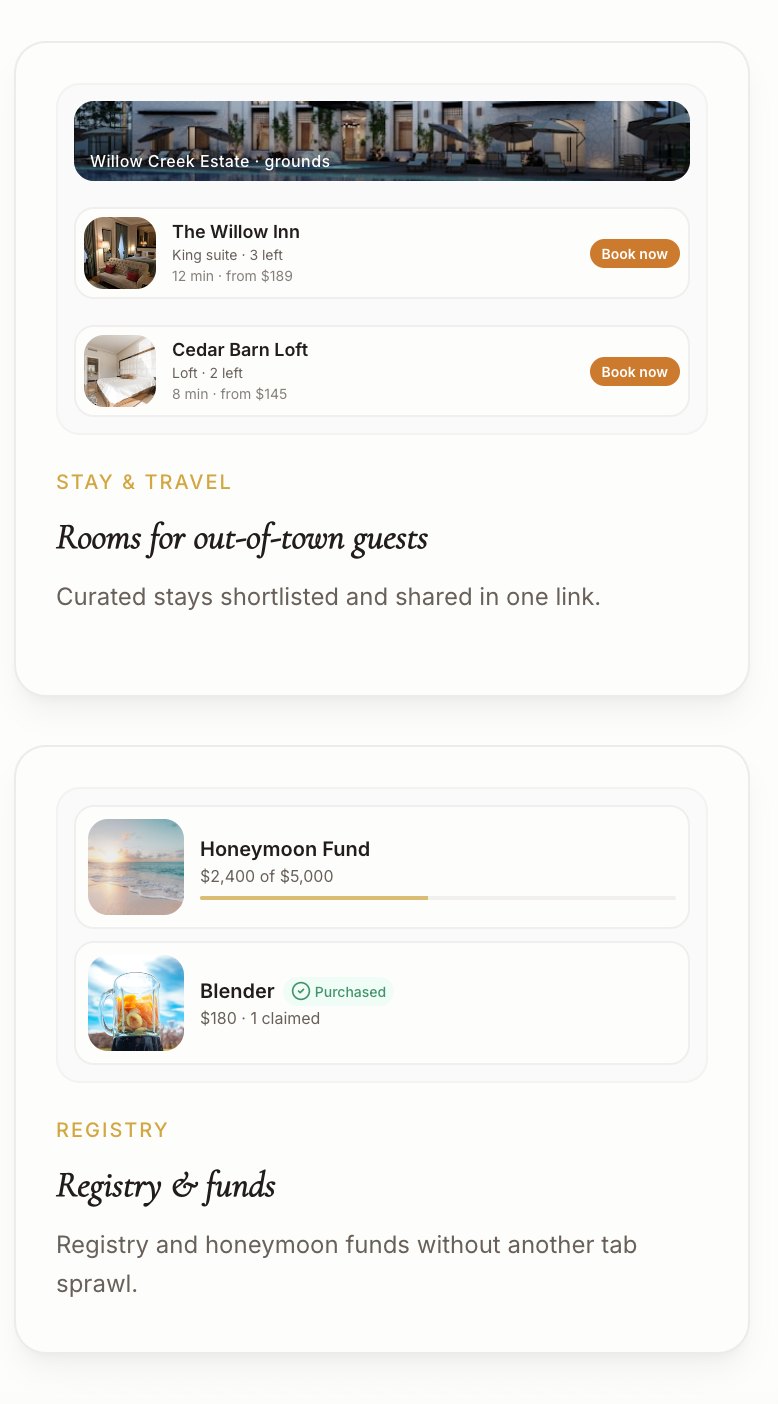 WeddingOS stay, travel and registry cards