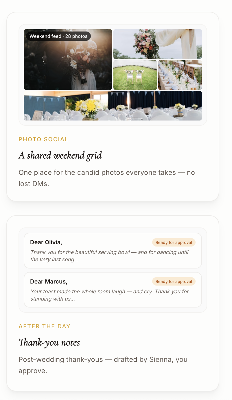WeddingOS shared weekend photo feed and thank-you drafts